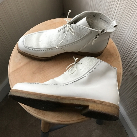 Bally Moto Combat Boots Leather and Fur Off White Size 7 - Picture 2 of 8